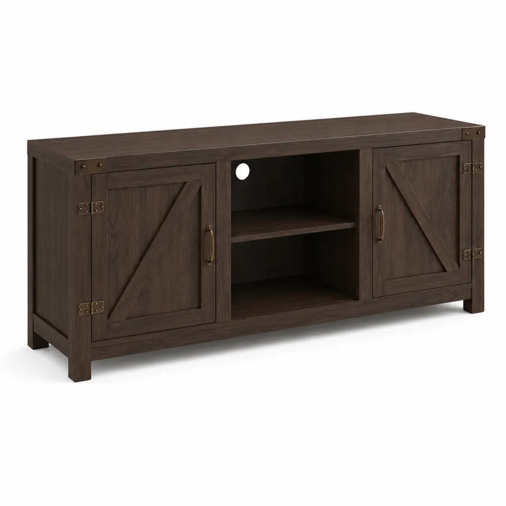 Meuble TV en bois avec portes battantes et étagères - Marron