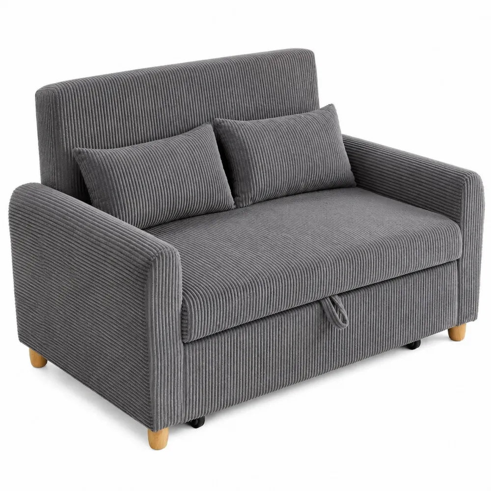 Canapé convertible en tissu côtelé gris avec pieds en bois