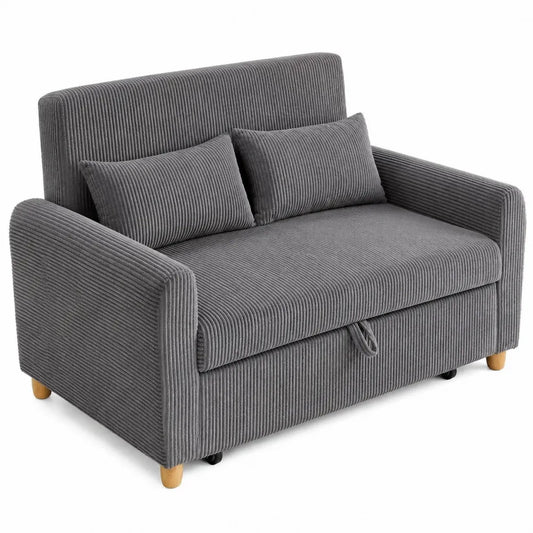 Canapé convertible en tissu côtelé gris avec pieds en bois
