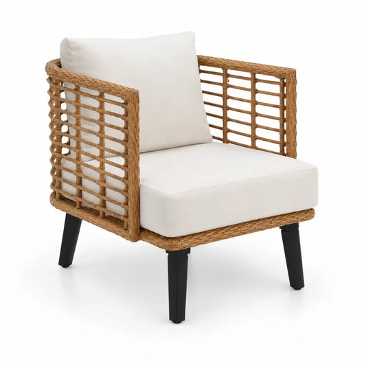 Fauteuil d'extérieur en rotin avec coussins en polyester