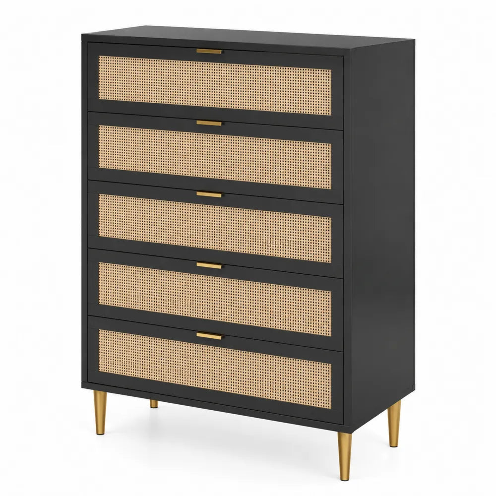 Commode en Bois et Rotin Naturel Noir à 5 Tiroirs