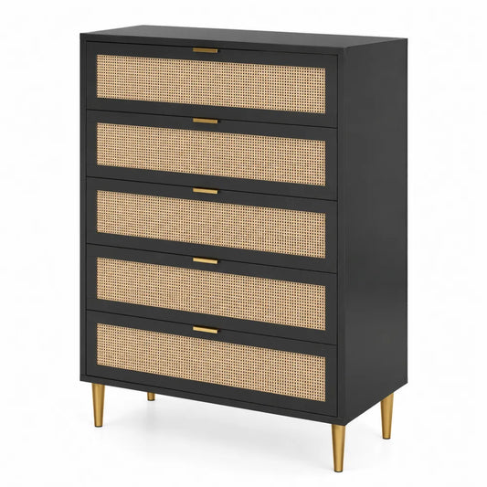 Commode en Bois et Rotin Naturel Noir à 5 Tiroirs