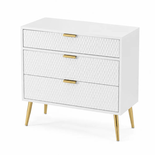 Commode 3 tiroirs en bois avec pieds et poignées en métal doré