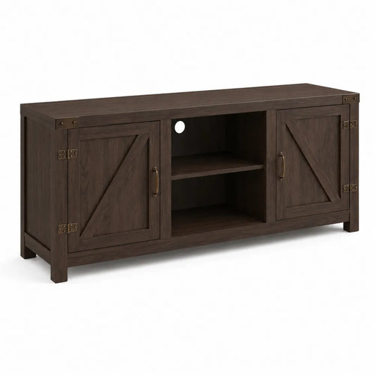 Meuble TV en bois avec portes battantes et étagères - Marron