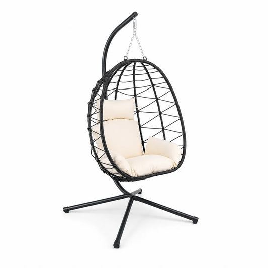 Chaise suspendue en résine tressée noire avec coussin beige et cadre en acier