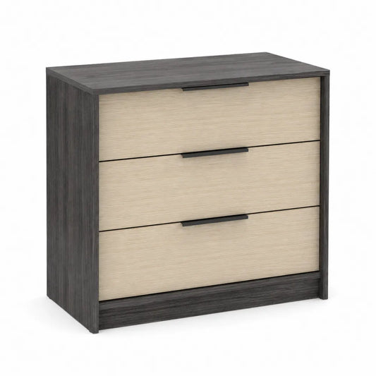 Commode 3 tiroirs en bois clair et gris avec poignées en métal noir