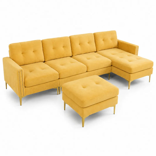 Canapé d'angle en velours jaune avec ottoman et pieds en métal